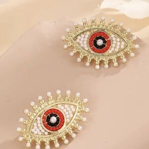 Gold and Red Eye-Shaped Earrings